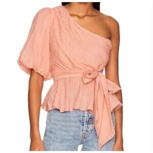 MinkPink Womens Vera Balloon Sleeve Lightweight One Shoulder Blouse Rose Sz XS